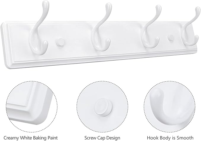 Wooden Coat Rack, Wall-Mounted Organizer for Closet, Entryway, Hallway, Foyer, Bedroom, Heavy Duty Double Hooks for Hanging Towels, Bags, Hats, Jackets, Key (White, 4 Hooks)