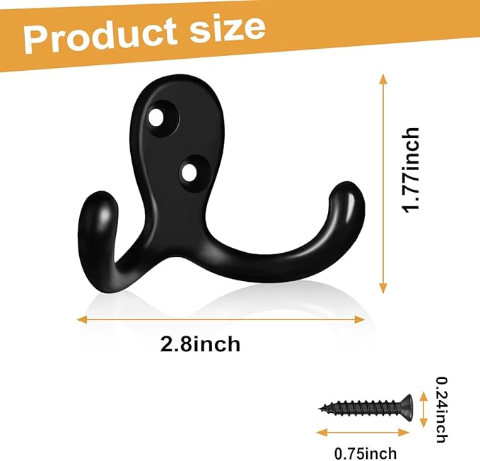 25 Pack Coat Hooks Wall Hooks for Hanging, Heavy Duty Double Prong Metal Hook Wall Mounted for Living Room, Bathroom, Kitchen, Bedroom for Coat, Bag, Scarf, Towel, Hat, Key, Cup (Black)