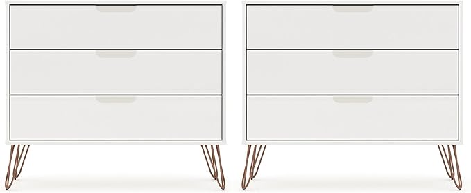 Manhattan Comfort Rockefeller 3 Drawer Dresser for Bedroom Storage, Nursery, Closet, Living Room, Entryway, TV Stand for Screens up to 32 Inches, Anti-Tip Kit Included, Set of 2, White