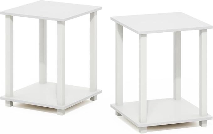 Furinno Simplistic Side Table Set of 2, 2-Tier End Table, Nightstand, Night Stand, Bedside Table, Easy Assembly, for Living Room, Bedroom, White