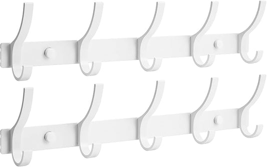 Coat Rack Wall Mount, Coat Hook Wall Mount, Wall Hooks for Hanging, Hat Rack for Walls, Coats Hanger with 10 Hook, Towel Hooks for Bathrooms (2 Pack, White)