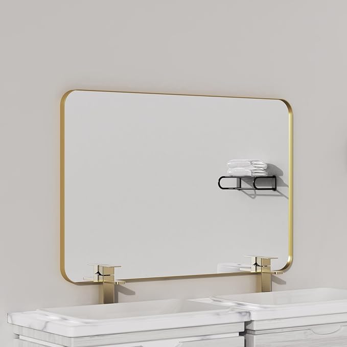 VocalStar Gold Bathroom Mirror for Wall, 40 x 30 Inch Metal Framed Rounded Rectangle Vanity Mirror Modern Farmhouse, 1/4-inch Shatterproof Glass | Ultra-Flush Hanging