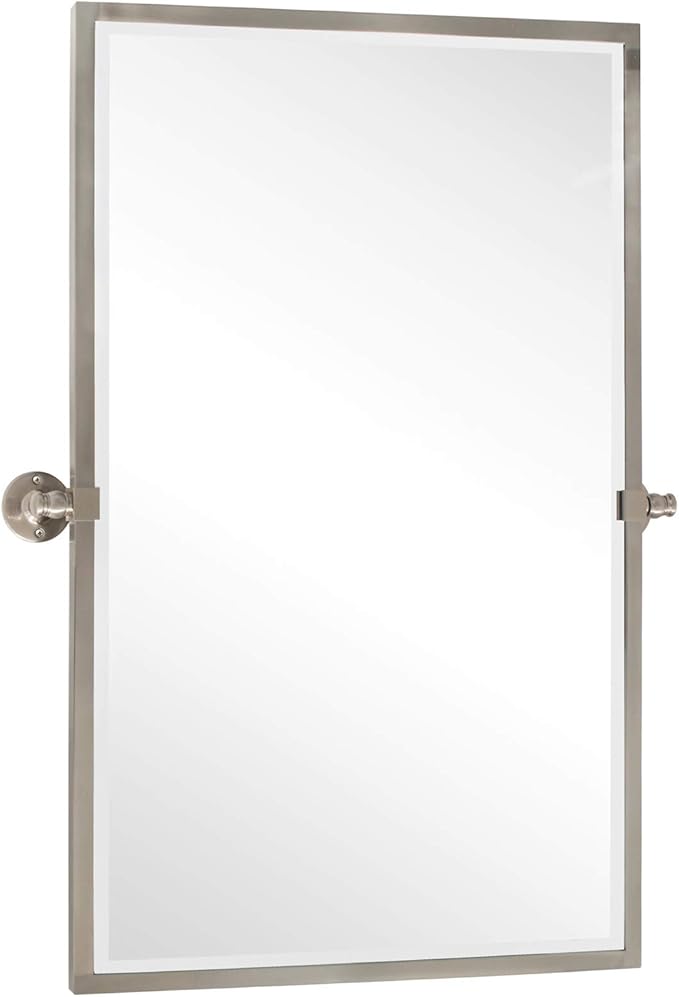 TEHOME 28.5 x 36 inch Brushed Nickel Metal Framed Pivot Rectangle Bathroom Mirror in Stainless Steel Tilting Beveled Vanity Mirrors for Wall