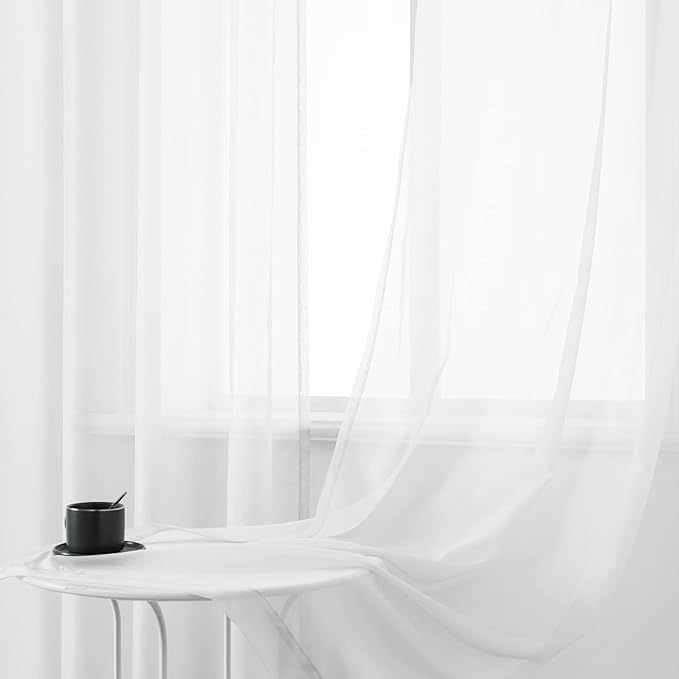 DUALIFE Bright White Sheer Curtains 84 Inches Long Set 2 Panels Grommet Look Semi Transparent Drape Tulle Gauze Voile Window Sheer Curtains for Bedroom Living Room 52X84 Inches Long