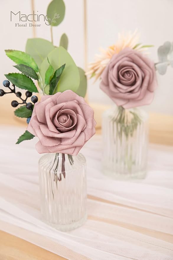 MACTING Artificial Rose Flowers 30PCS Real Touch Fake Flowers with Stem Foam Roses for DIY Wedding Bouquets Table Centerpieces Baby Shower Party Spring Home Mothers Day Decor (Dusty Purple Pink)