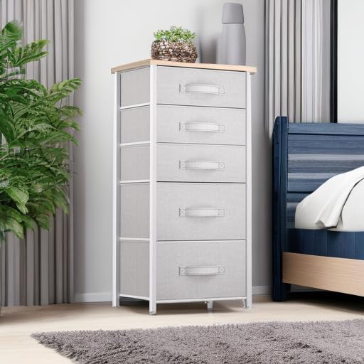 YITAHOME Tall 5 Drawer Dresser - Fabric Storage Tower, Organizer Unit for Bedroom, Living Room, Hallway, Closets - Sturdy Steel Frame, Wooden Top & Easy Pull Fabric Bins - Light Grey