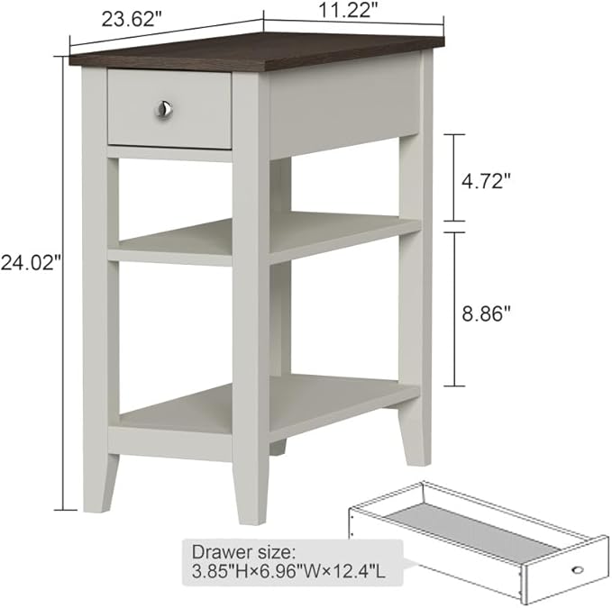 ChooChoo Side Table Living Room, Narrow End Table with Drawer and Shelf, 3-Tier Sofa End Table for Small Space, White and Brown