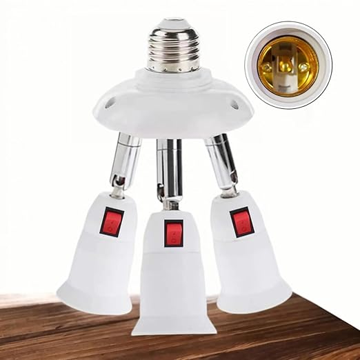 3-in-1 Light Socket Extender, E26/E27 to 3 Bulb Adapter with Adjustable Arms, 360° Rotatable for Ceiling Fan/Lamp Holder, UL Listed, Extension Splitter with Power Switch(White)