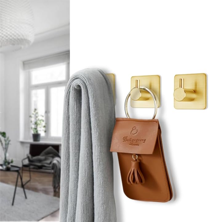 Gold Adhesive Hooks 15LB (Max), Non Tarnish Sticky Hooks for Hanging Towels, Coat, Backpack, Purse, Hat, Key, Self-Adhesive Towel Holder for Shower Closet Bathroom-4 Packs