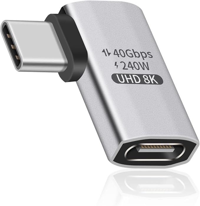 Duttek 240W Right Angle USB-C Adapter, 40Gbps USB C 90 Degree Adapter Male to Female with 8K@60Hz Video Compatible for Thunderbolt 3/4, Switch, MacBookPro/Air, ipad and More Type C Devices (1 Pack)