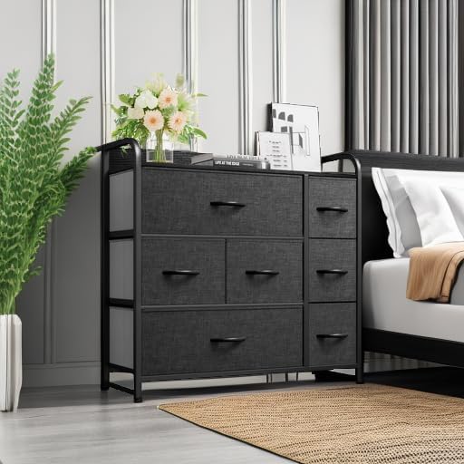 YITAHOME Fabric Dresser with 7 Drawers - Storage Tower with Large Capacity, Organizer Unit for Living Room - Sturdy Steel Frame, Easy Pull Fabric Bins & Wooden Top (Black/Grey)