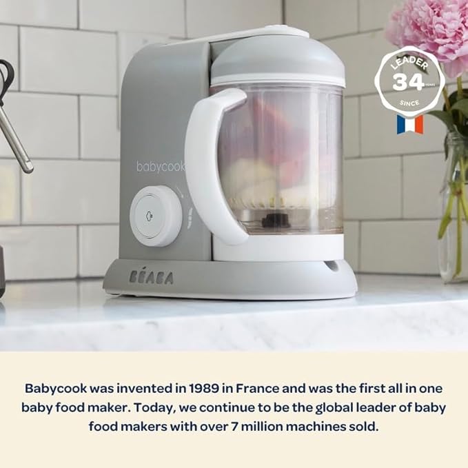 BEABA Babycook Solo 4 in 1 Baby Food Maker, Baby Food Processor, Steam Cook + Blend, Lrg Capacity 4.5 Cups 27 Servings in 20 Mins, Cook Healthy Baby Food at Home, Dishwasher Safe, Cloud