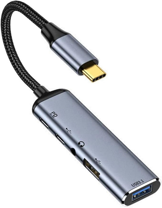 NFHK USB-C Type-C to Audio 3.5MM Dual USB 3.0 HUB Converter Multiport Adapter with Female 100W PD Power Port