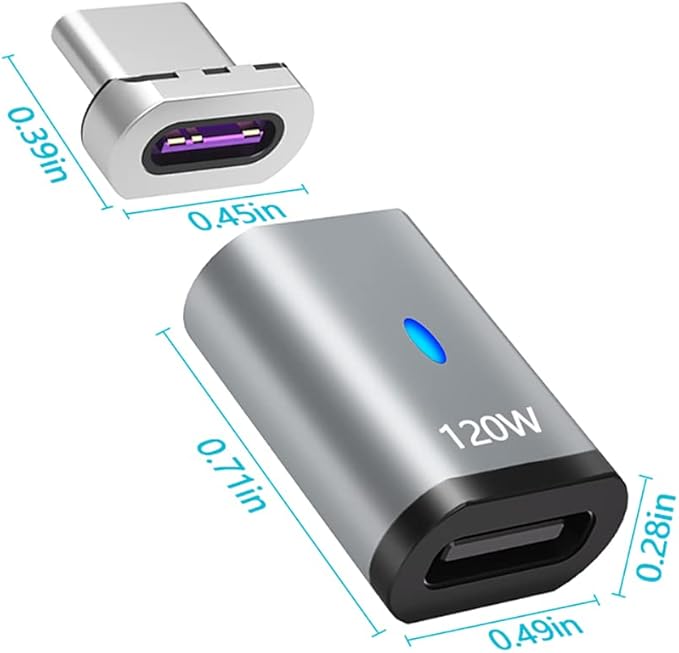Magnetic USB C Adapter Straight 3 Pack, 120W USB Type C Connector 5Pin with USB2.0 480Mbps Data Transfer, Compatible for MacBook Pro/Air iPad Pro and More USB C Devices, Gray