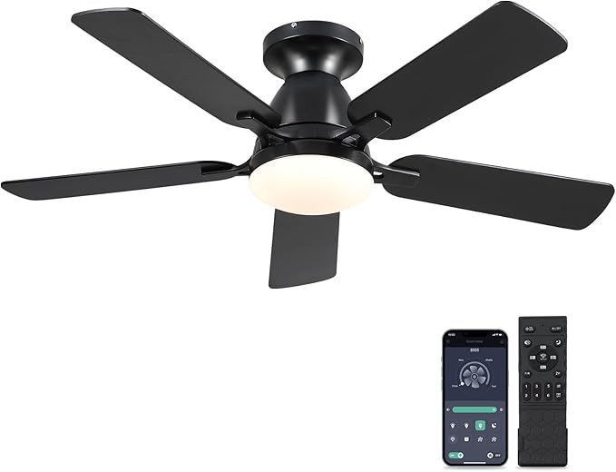 Ceiling Fans with Lights- 46" Low Profile Indoor Ceiling Fan with Light and Remote/APP Control, Flush Mount, LED Dimmable DC Reversible Modern Ceiling Fan for Bedroom（Black）