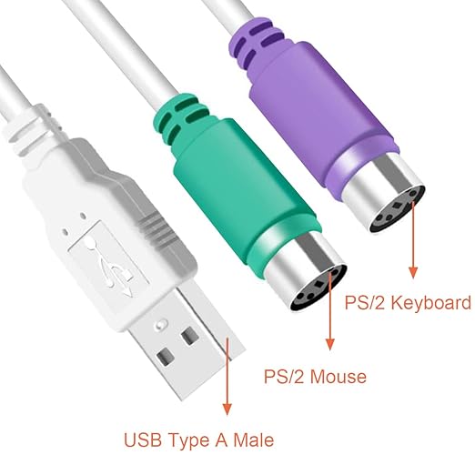 PS2 to USB A Adapter Cable for Keyboard and Mouse - PS/2 Male to USB A Male Plug, Replacement Cord, 2 PCS