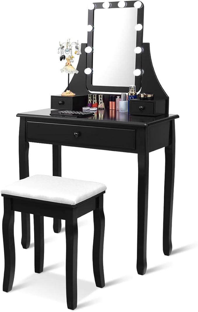 CHARMAID Vanity Set with Lighted Mirror, Makeup Table with 10 LED Dimmable Bulbs, 3 Lighting Sets, 3 Drawers, Bedroom Dressing Table Vanity Desk with Cushioned Stool for Women Girls (Black)