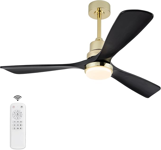 BOJUE 52 Inch Black and Gold Ceiling Fans with Lights and Remote, Solid Wood Fan Blades, Dimmable, Modern Ceiling Fan with Light for Indoor/Outdoor Patio Bedroom