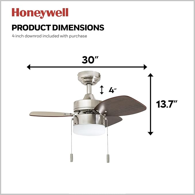 Honeywell Ceiling Fans Ocean Breeze Modern 30 Inch Ceiling Fan with Light, Pull Chain LED Indoor Fan with 3 Blades, Satin Nickel and Light Oak Blade Finish Options, Brushed Nickel (50601-01)