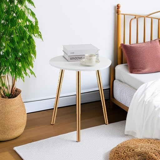 Apicizon Round Side Table, Gold Nightstand End Table for Living Room, Bedroom Home Decor Bedside Table with Gold Wood Legs 16.5 Inches