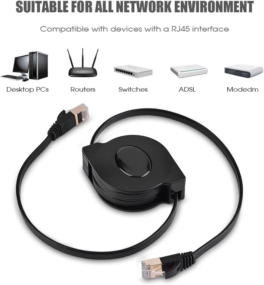 Zerone CAT 7 Ethernet Cable, 1.5M Retractable Shielded LAN Network Cable Flat RJ45 600MHz