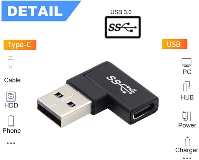 NFHK USB-C Type C Female to USB 3.0 A Male Data Adapter Flat Horizontal 90 Degree Right Angled for Laptop Desktop