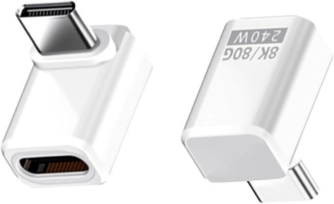 Danfetsoy USB C 90 Degree Adapter 80Gbps, White 90 Degree USB C Adapter 240W, Up Down Angle Male to Female Type C Extender Thunderbolt 5 Connector 8K@60Hz Video for MacBook, Laptop, Tablet, 2pack