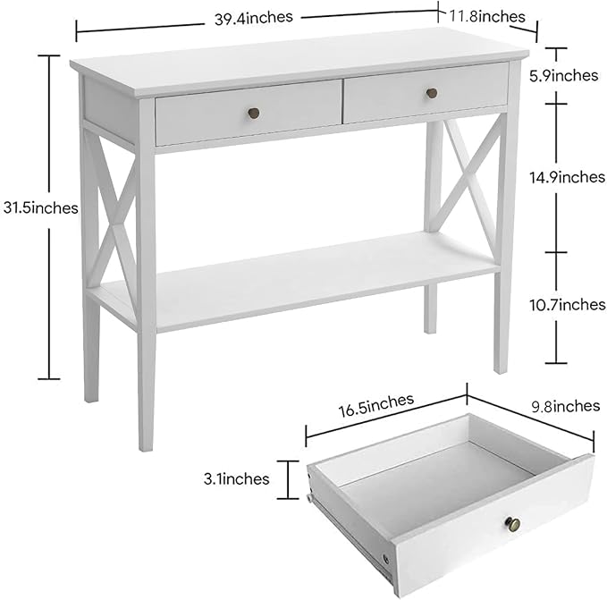ChooChoo Console Table with Drawers, Narrow Wood Accent Sofa Table Entryway Table with Storage Shelf for Entryway, Front Hall, Hallway, Living Room, White