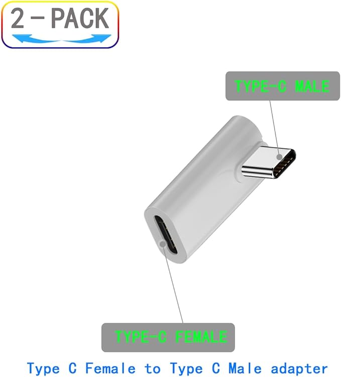 Right-Angled USB C Adapter, USB Type C Coupler Extender Support 140W, 40Gbps, 8K@60Hz for Laptop, Phones and More Type C Devices (White),2 Pack