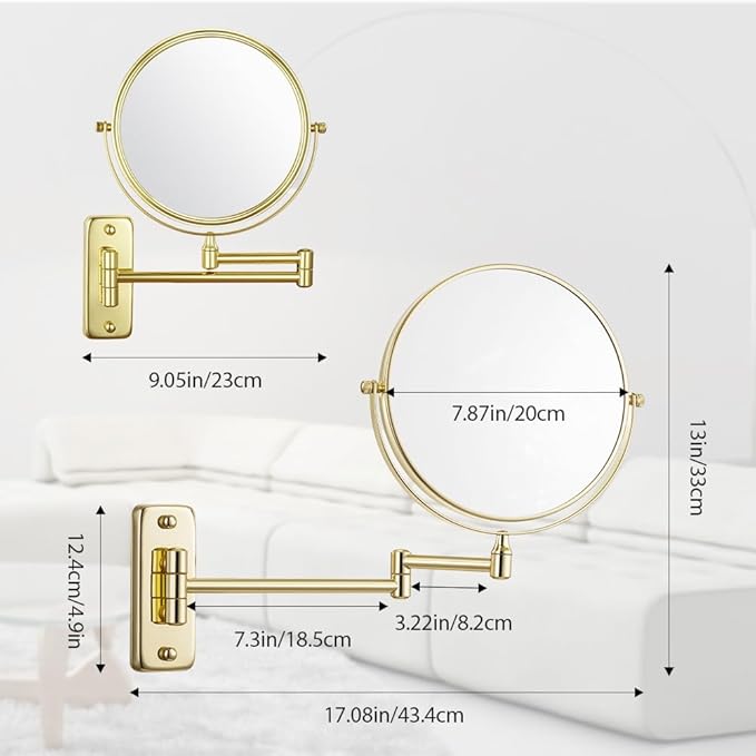 Cerdeco 8 Inch Double Sided Makeup Wall Mount Mirror with Gold Plated Finish 360 Swivel Extendable Cosmetic Shaving Mirror