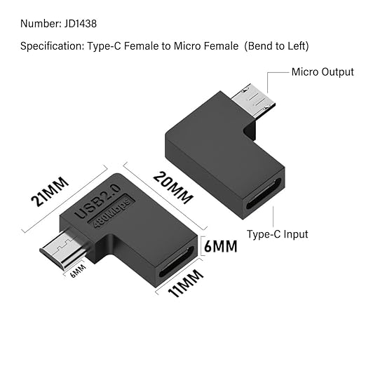 2 PCS USB C to Micro USB Adapter.Type C Female to Micro USB Male Convert Connector.L Shape Left Bend(5V2A) 10W 480Mbps, for Phone MP3 MP4 Digital Camera