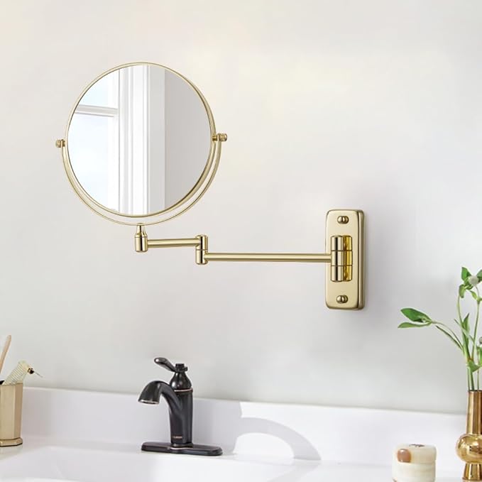 Cerdeco 8 Inch Double Sided Makeup Wall Mount Mirror with Gold Plated Finish 360 Swivel Extendable Cosmetic Shaving Mirror