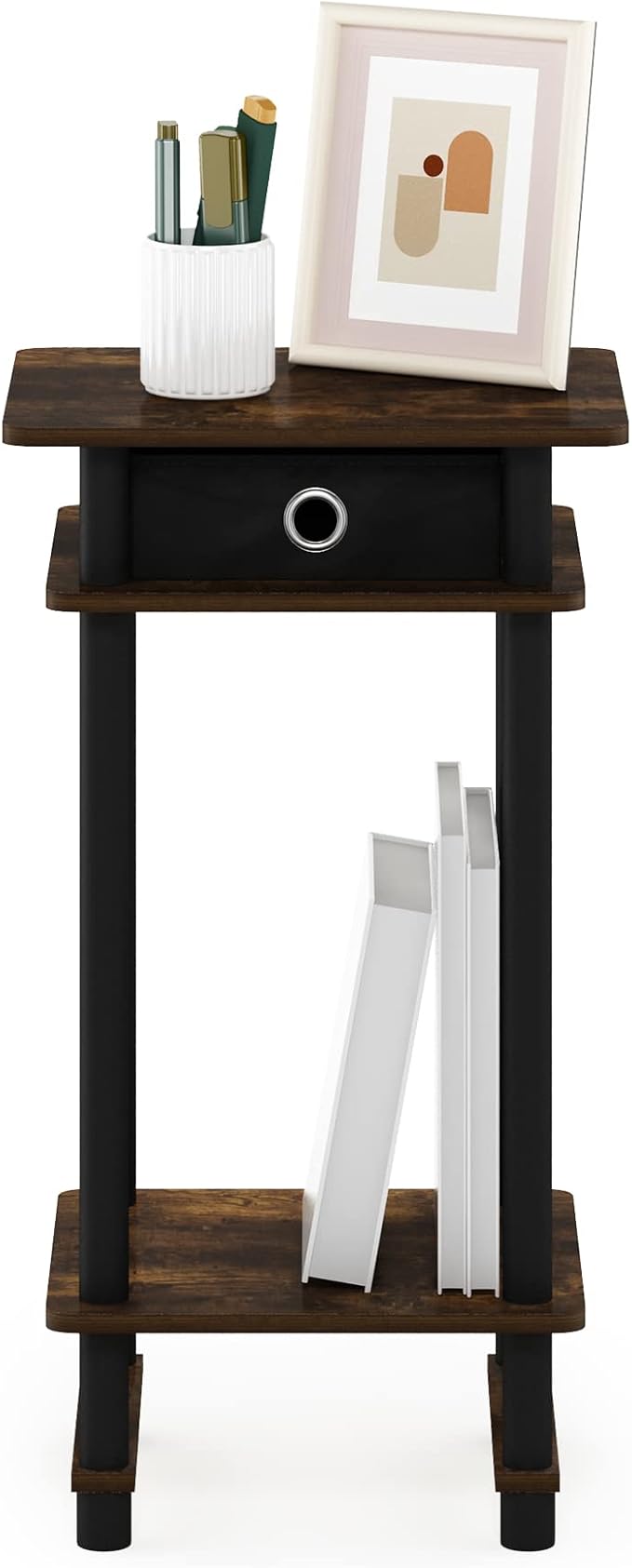 Furinno Turn-N-Tube Tall End Side Night Stand/Bedside Table with Bin Drawer, 1-Pack, Amber Pine/Black/Black