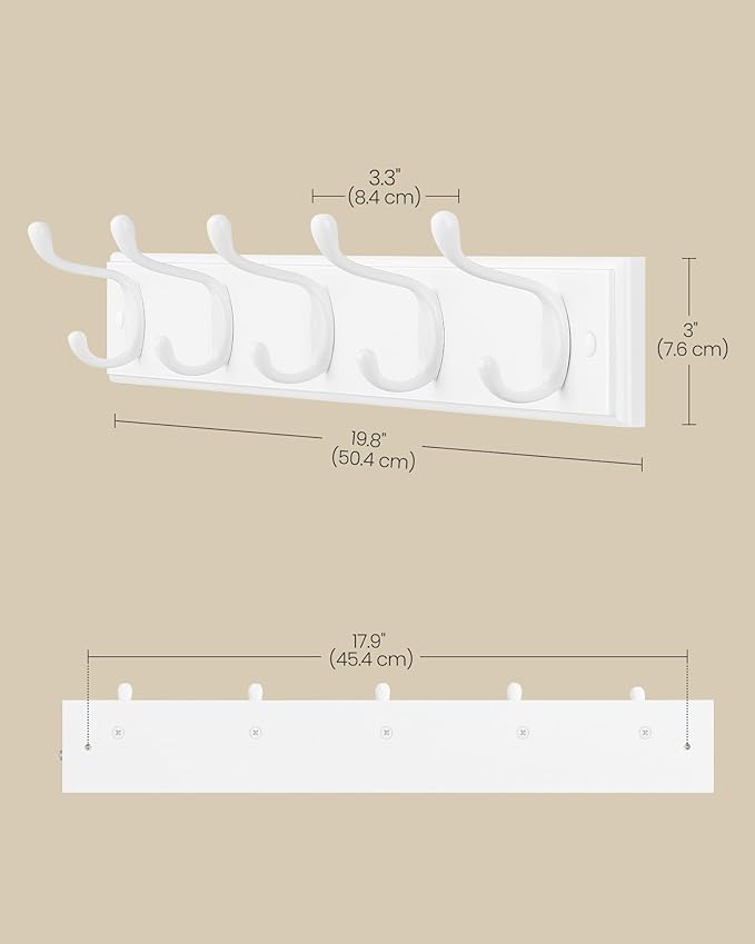 SONGMICS Wall-Mounted Coat Rack, Hook Rack, 5 Dual Metal Hooks, for Coats, Bags, Keys, in The Entryway, Bedroom, Living Room, White ULHR235W01