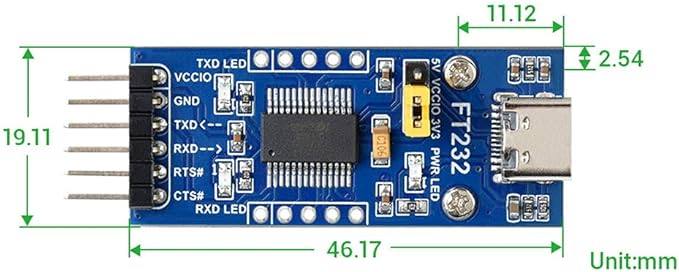 FT232 USB to UART (TTL) Communication Module, USB-C Connector, Compatible 3.3V/5V Logic Level, Supports Mac OS, Linux, Android, Wince, Windows 7/8/8.1/10/11...