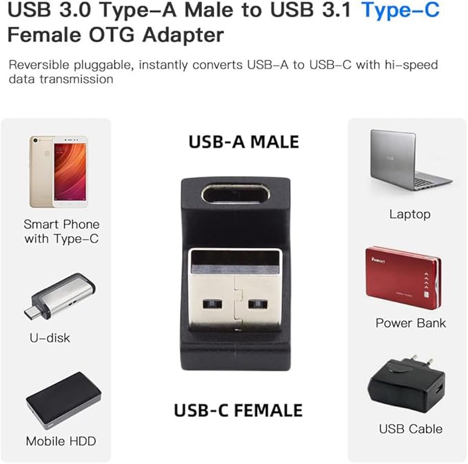 NFHK USB-C Type C Female Up Opposite U Shape Back Angled to USB 3.0 A Male Data Adapter for Laptop Desktop