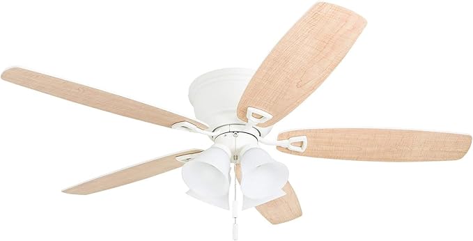 Honeywell Ceiling Fans Glen Alden, 52 Inch Classic Flush Mount Indoor LED Ceiling Fan with Light, Pull Chain, Quick-2-Hang Dual Finish Blades, Reversible Motor - 50520-01 (White)