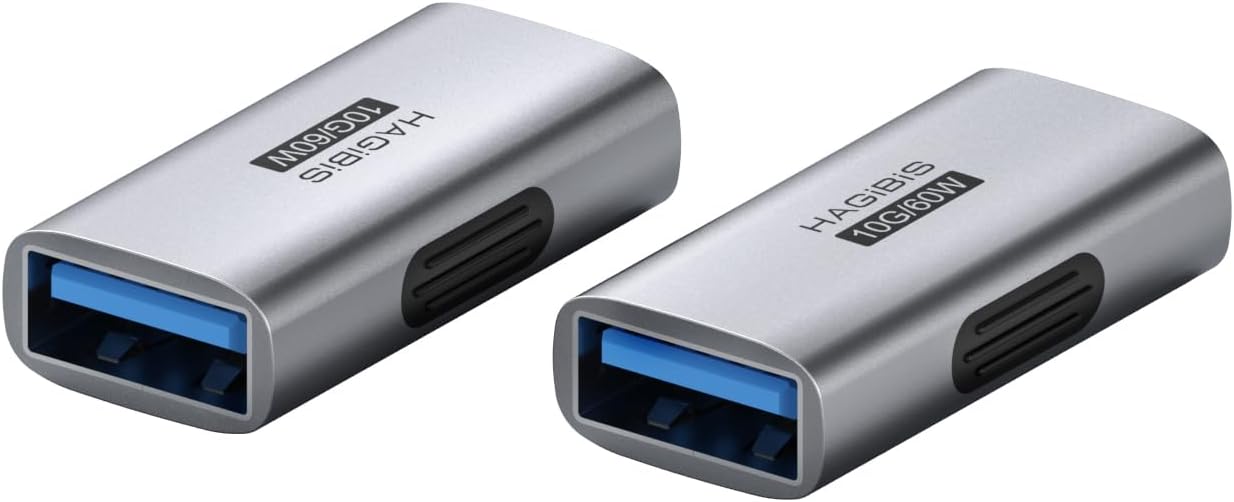 Hagibis USB 3.2 Adapter 2 Pack, USB A Female to Female Connector OTG Adapter 10Gbps 60W Cable Extender for Laptops Charger PC Car Mouse Keyboard (AA30)