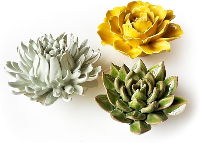 CHIVE ‘Coral’ Artificial Plant — Beautiful, Decorative Ceramic Flower — Unique Tablescape Piece — Small Set of 3 (Mint Flower, Small Green Succulent, Yellow Rose)