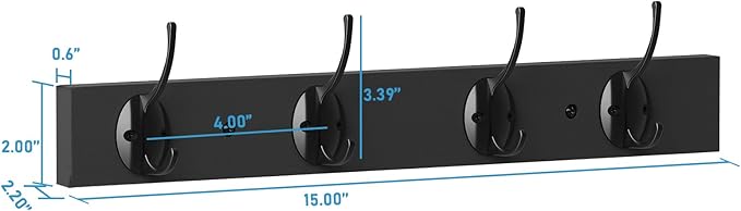Coat Hooks Wall Mounted, Wooden Hat Rack with 4 Hooks for Entryway, Bathroom,Bedroom(Black)