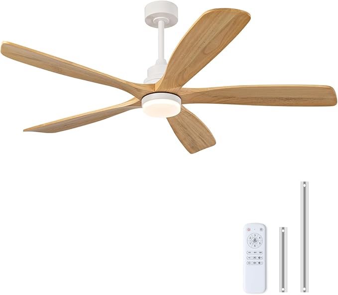 BOJUE 60 Inch Outdoor Ceiling Fans with Lights and Remote Control, Dimmable 5 Blade Wood Outdoor Ceiling Fans for Patios, White Natural Wood Bedroom Ceiling Fan with Lights, Noiseless DC Motor