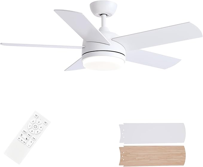 YUHAO 44 Inch White Ceiling Fan with Light and Remote Control.Noiseless,Dimmable,3CCT,6 Speeds Reversible, DC Ceiling Fans for Indoor or Covered Outdoor