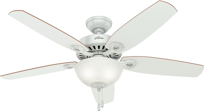 Hunter 52 inch Indoor Ceiling Fan with LED Light - White Ceiling Fan with Pull Chain, For Bedroom or Living Room, Standard Mount, No Remote, 5 Blades, Includes Bulbs - Builder Deluxe 53089, White