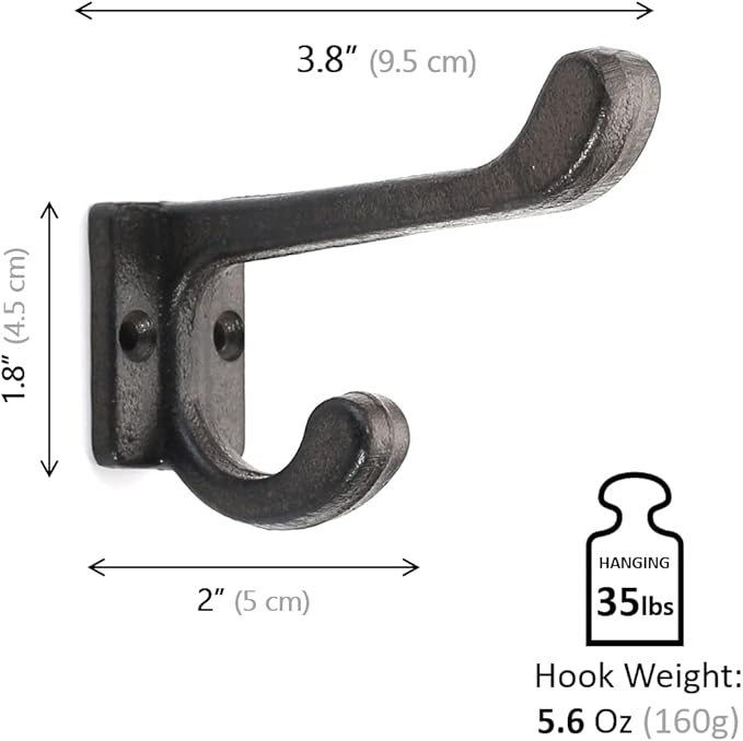 5 Pack Decorative Cast Iron Heavy Duty Double Hooks, Wall Mounted Coat Hooks, Vintage Inspired (Antique Black) (Modern Type)