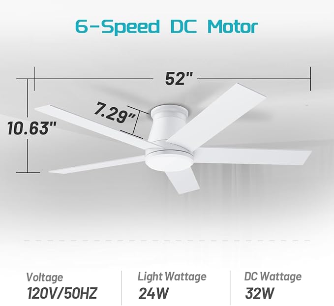 wurzee 52" Ceiling Fan with Light, White,6 Speeds DC Reversible Motor,Timing, Dimmable for Bedroom, Kitchen, Patios