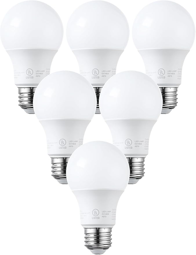 TORCHSTAR A19 LED Light Bulbs 60W Equivalent, UL Listed, 5000K Daylight, Dimmable, 9W, 800lm, Flicker Free, E26 Standard Base LED Bulb for Ceiling Fan, Lamp, 15,000hrs, Pack of 6