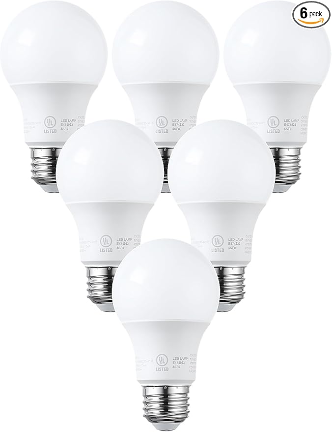 TORCHSTAR A19 LED Light Bulbs 60W Equivalent, UL Listed, 3000K Warm White, Dimmable, 9W, 800lm, Flicker Free, E26 Standard Base LED Bulb for Ceiling Fan, Lamp, 15,000hrs, Pack of 6