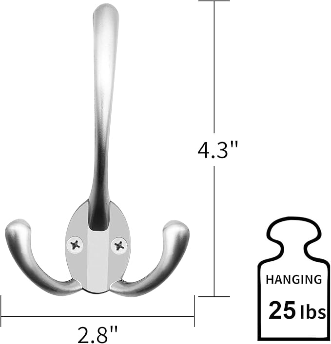 IBosins 6 Pack Big Heavy Duty Three Prongs Coat Hooks Wall Mounted with 24 Screws (Two Types of Screws Included) Retro Double Utility Rustic Hooks for Thick Coat, Big Heavy Bags (Matte Nickel)