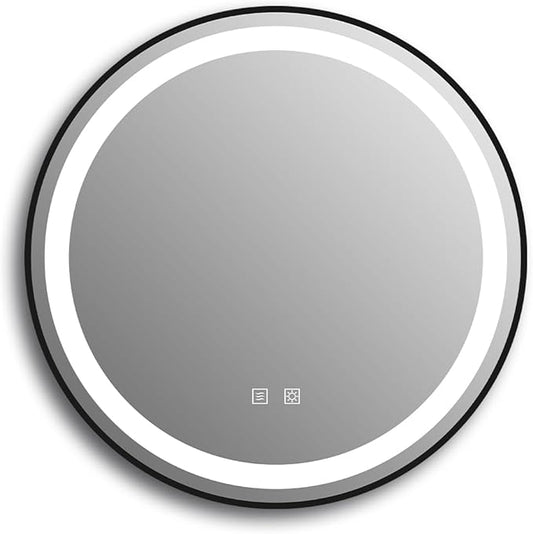 Round 24" LED Bathroom Mirror with Black Frame, Stepless Dimmable, Anti-Fog, Shatter-Proof, Memory, 3 Colors, LED Vanity Mirror