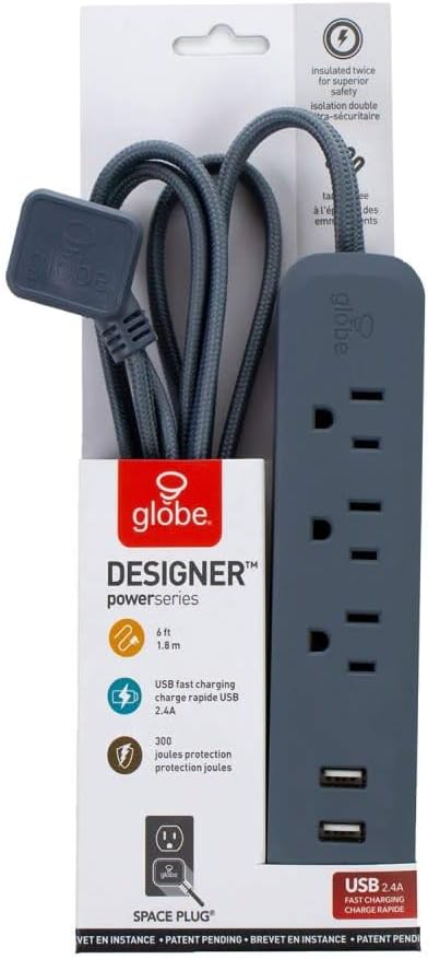 Globe Electric 78249 6ft 3-Outlet USB Surge Protector Power Strip, 2X USB Ports, 2.4 Amps Combined, Black Finish, Right Angle Plug, Compatible with All Charging Devices, Electronic Accessories